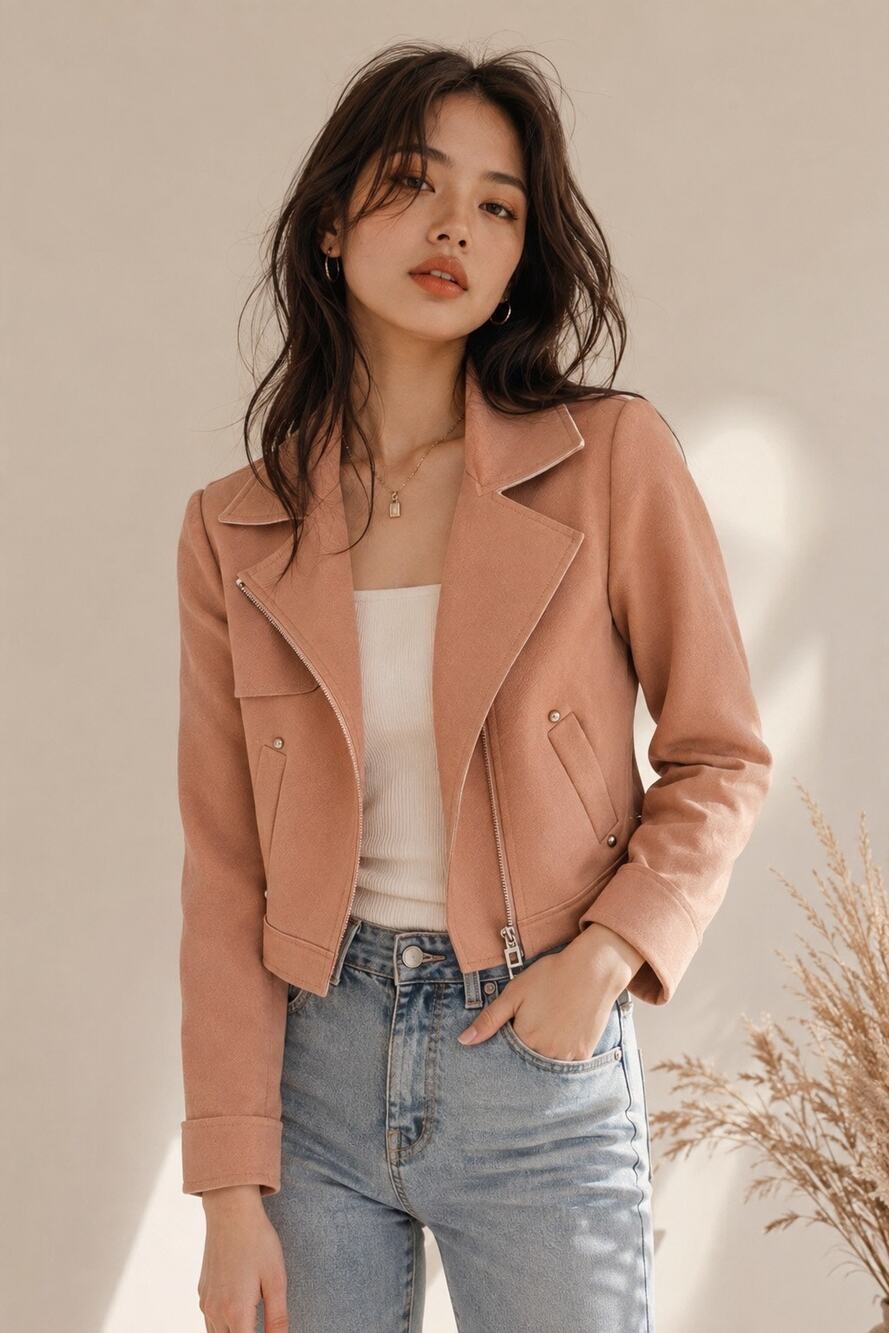 Blush Pink Moto Jacket Medium Asymmetric Zip Funnel Neck Cropped Biker Y2K
